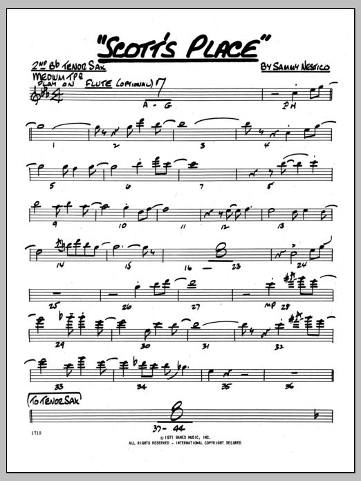 Learn to play Sammy Nestico Scott's Place - 2nd Bb Tenor Saxophone sheet music for Jazz Ensemble in minutes. Sammy Nestico Scott's Place - 2nd Bb Tenor Saxophone sheet music preview music notes and score for Jazz Ensemble including 2 page(s)
