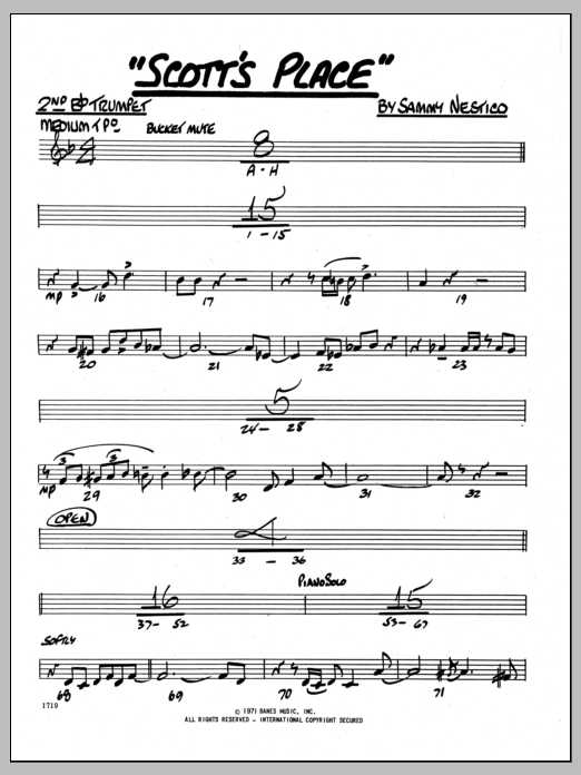 Learn to play Sammy Nestico Scott's Place - 2nd Bb Trumpet sheet music for Jazz Ensemble in minutes. Sammy Nestico Scott's Place - 2nd Bb Trumpet sheet music preview music notes and score for Jazz Ensemble including 2 page(s)