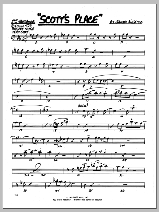 Learn to play Sammy Nestico Scott's Place - 2nd Trombone sheet music for Jazz Ensemble in minutes. Sammy Nestico Scott's Place - 2nd Trombone sheet music preview music notes and score for Jazz Ensemble including 2 page(s)