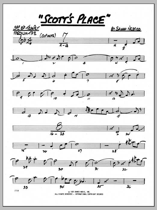 Learn to play Sammy Nestico Scott's Place - 3rd Bb Trumpet sheet music for Jazz Ensemble in minutes. Sammy Nestico Scott's Place - 3rd Bb Trumpet sheet music preview music notes and score for Jazz Ensemble including 2 page(s)