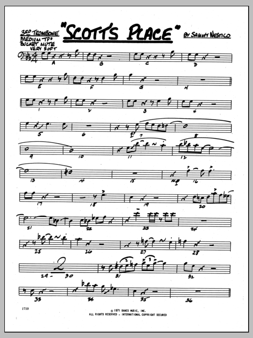 Learn to play Sammy Nestico Scott's Place - 3rd Trombone sheet music for Jazz Ensemble in minutes. Sammy Nestico Scott's Place - 3rd Trombone sheet music preview music notes and score for Jazz Ensemble including 2 page(s)