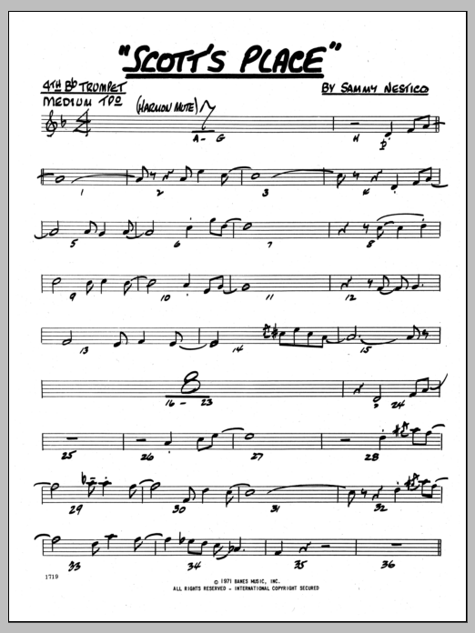 Learn to play Sammy Nestico Scott's Place - 4th Bb Trumpet sheet music for Jazz Ensemble in minutes. Sammy Nestico Scott's Place - 4th Bb Trumpet sheet music preview music notes and score for Jazz Ensemble including 2 page(s)