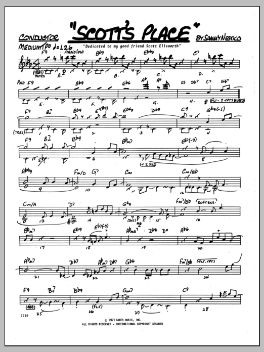 Learn to play Sammy Nestico Scott's Place - Conductor sheet music for Jazz Ensemble in minutes. Sammy Nestico Scott's Place - Conductor sheet music preview music notes and score for Jazz Ensemble including 3 page(s)
