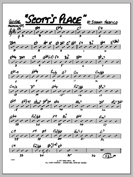 Learn to play Sammy Nestico Scott's Place - Guitar sheet music for Jazz Ensemble in minutes. Sammy Nestico Scott's Place - Guitar sheet music preview music notes and score for Jazz Ensemble including 3 page(s)