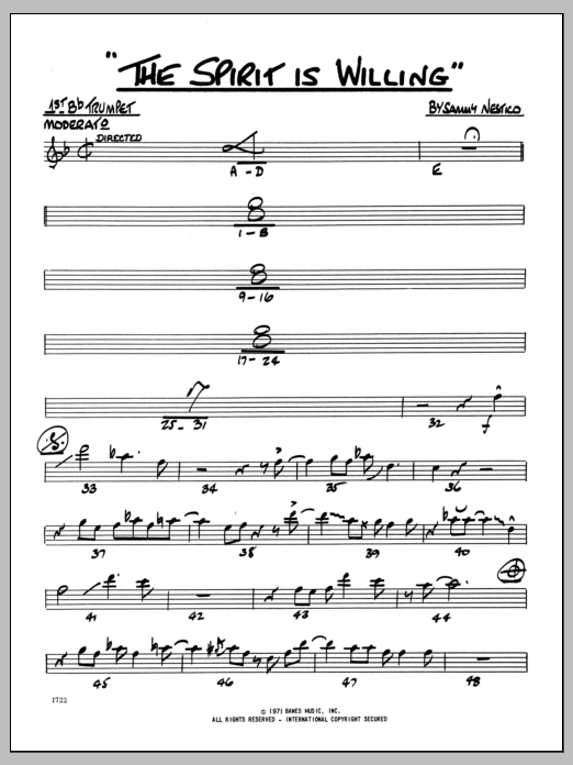 Learn to play Sammy Nestico The Spirit Is Willing - 1st Bb Trumpet sheet music for Jazz Ensemble in minutes. Sammy Nestico The Spirit Is Willing - 1st Bb Trumpet sheet music preview music notes and score for Jazz Ensemble including 2 page(s)