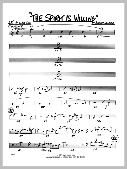 Learn to play Sammy Nestico The Spirit Is Willing - 1st Eb Alto Saxophone sheet music for Jazz Ensemble in minutes. Sammy Nestico The Spirit Is Willing - 1st Eb Alto Saxophone sheet music preview music notes and score for Jazz Ensemble including 2 page(s)