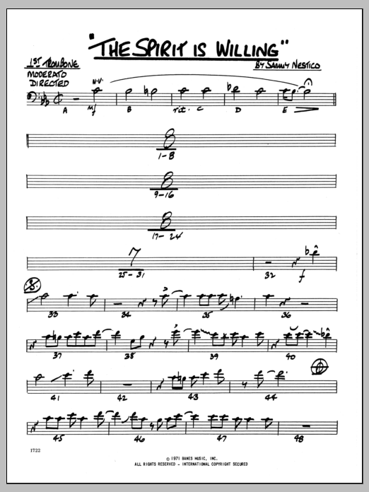 Learn to play Sammy Nestico The Spirit Is Willing - 1st Trombone sheet music for Jazz Ensemble in minutes. Sammy Nestico The Spirit Is Willing - 1st Trombone sheet music preview music notes and score for Jazz Ensemble including 2 page(s)