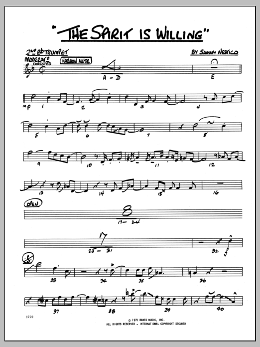 Learn to play Sammy Nestico The Spirit Is Willing - 2nd Bb Trumpet sheet music for Jazz Ensemble in minutes. Sammy Nestico The Spirit Is Willing - 2nd Bb Trumpet sheet music preview music notes and score for Jazz Ensemble including 2 page(s)