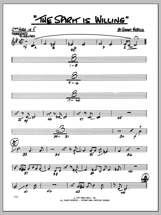 Learn to play Sammy Nestico The Spirit Is Willing - 2nd F Horn sheet music for Jazz Ensemble in minutes. Sammy Nestico The Spirit Is Willing - 2nd F Horn sheet music preview music notes and score for Jazz Ensemble including 2 page(s)