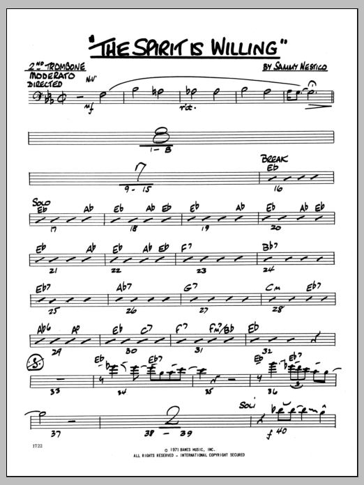 Learn to play Sammy Nestico The Spirit Is Willing - 2nd Trombone sheet music for Jazz Ensemble in minutes. Sammy Nestico The Spirit Is Willing - 2nd Trombone sheet music preview music notes and score for Jazz Ensemble including 2 page(s)
