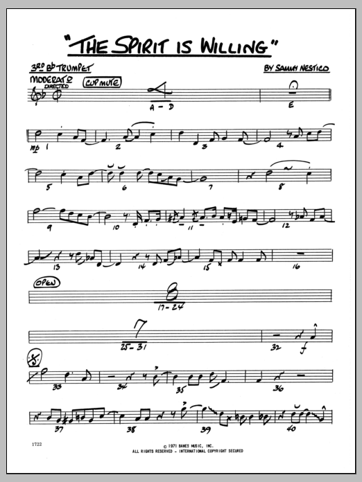 Learn to play Sammy Nestico The Spirit Is Willing - 3rd Bb Trumpet sheet music for Jazz Ensemble in minutes. Sammy Nestico The Spirit Is Willing - 3rd Bb Trumpet sheet music preview music notes and score for Jazz Ensemble including 2 page(s)