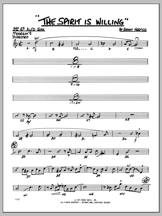 Learn to play Sammy Nestico The Spirit Is Willing - 3rd Eb Alto Saxophone sheet music for Jazz Ensemble in minutes. Sammy Nestico The Spirit Is Willing - 3rd Eb Alto Saxophone sheet music preview music notes and score for Jazz Ensemble including 2 page(s)