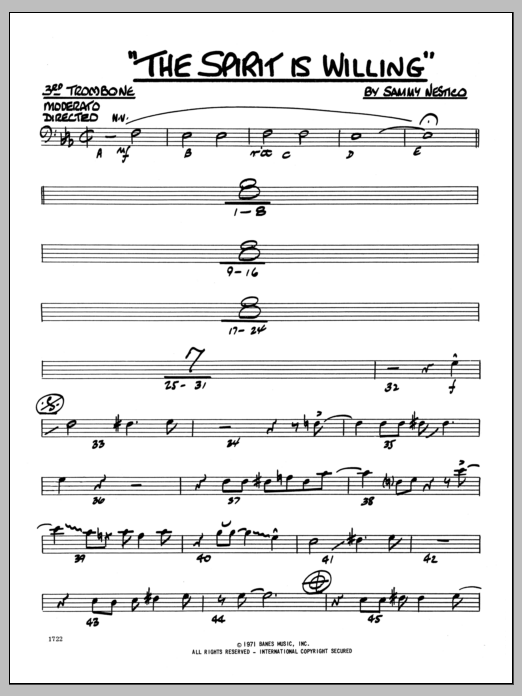 Learn to play Sammy Nestico The Spirit Is Willing - 3rd Trombone sheet music for Jazz Ensemble in minutes. Sammy Nestico The Spirit Is Willing - 3rd Trombone sheet music preview music notes and score for Jazz Ensemble including 2 page(s)