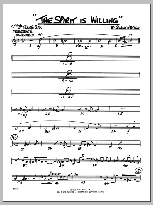 Learn to play Sammy Nestico The Spirit Is Willing - 4TH Bb TENOR SAXOPHONE sheet music for Jazz Ensemble in minutes. Sammy Nestico The Spirit Is Willing - 4TH Bb TENOR SAXOPHONE sheet music preview music notes and score for Jazz Ensemble including 2 page(s)