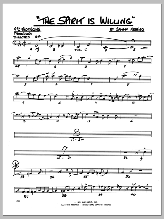 Learn to play Sammy Nestico The Spirit Is Willing - 4th Trombone sheet music for Jazz Ensemble in minutes. Sammy Nestico The Spirit Is Willing - 4th Trombone sheet music preview music notes and score for Jazz Ensemble including 2 page(s)