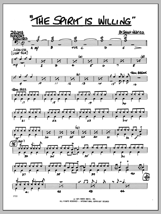 Learn to play Sammy Nestico The Spirit Is Willing - Drums sheet music for Jazz Ensemble in minutes. Sammy Nestico The Spirit Is Willing - Drums sheet music preview music notes and score for Jazz Ensemble including 2 page(s)