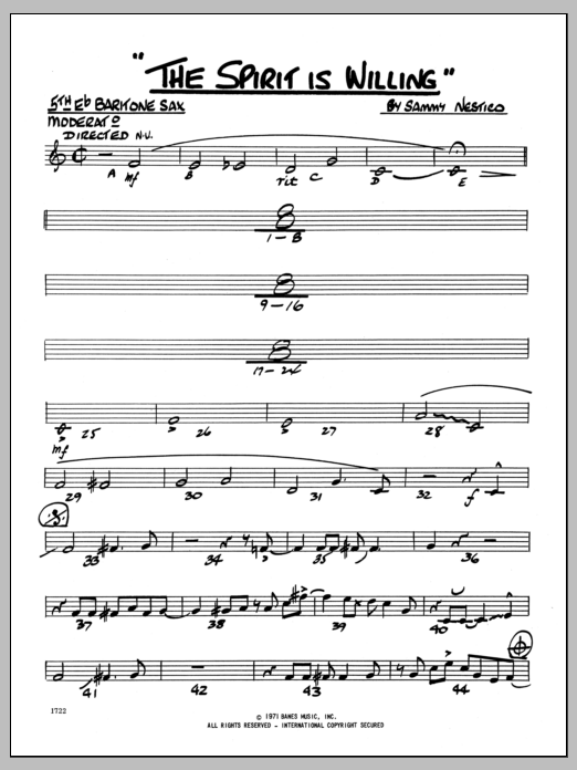 Learn to play Sammy Nestico The Spirit Is Willing - Eb Baritone Sax sheet music for Jazz Ensemble in minutes. Sammy Nestico The Spirit Is Willing - Eb Baritone Sax sheet music preview music notes and score for Jazz Ensemble including 2 page(s)