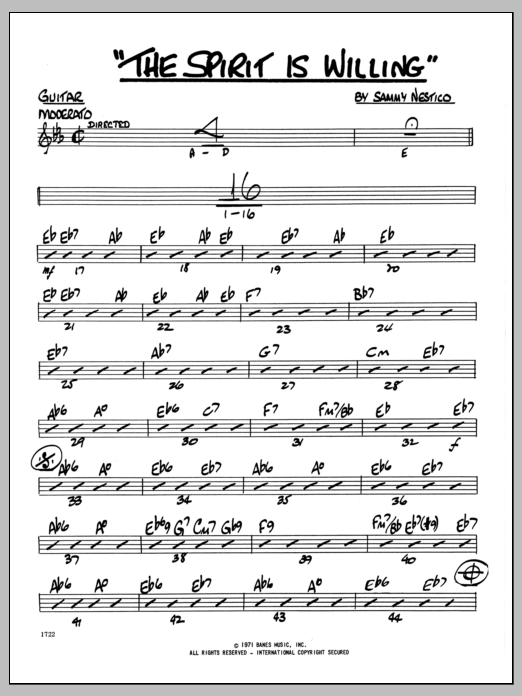 Learn to play Sammy Nestico The Spirit Is Willing - Guitar sheet music for Jazz Ensemble in minutes. Sammy Nestico The Spirit Is Willing - Guitar sheet music preview music notes and score for Jazz Ensemble including 2 page(s)
