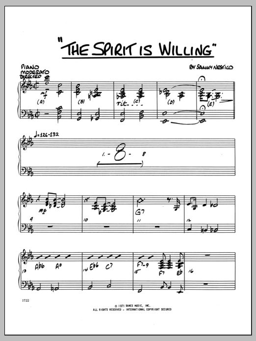 Learn to play Sammy Nestico The Spirit Is Willing - Piano sheet music for Jazz Ensemble in minutes. Sammy Nestico The Spirit Is Willing - Piano sheet music preview music notes and score for Jazz Ensemble including 4 page(s)