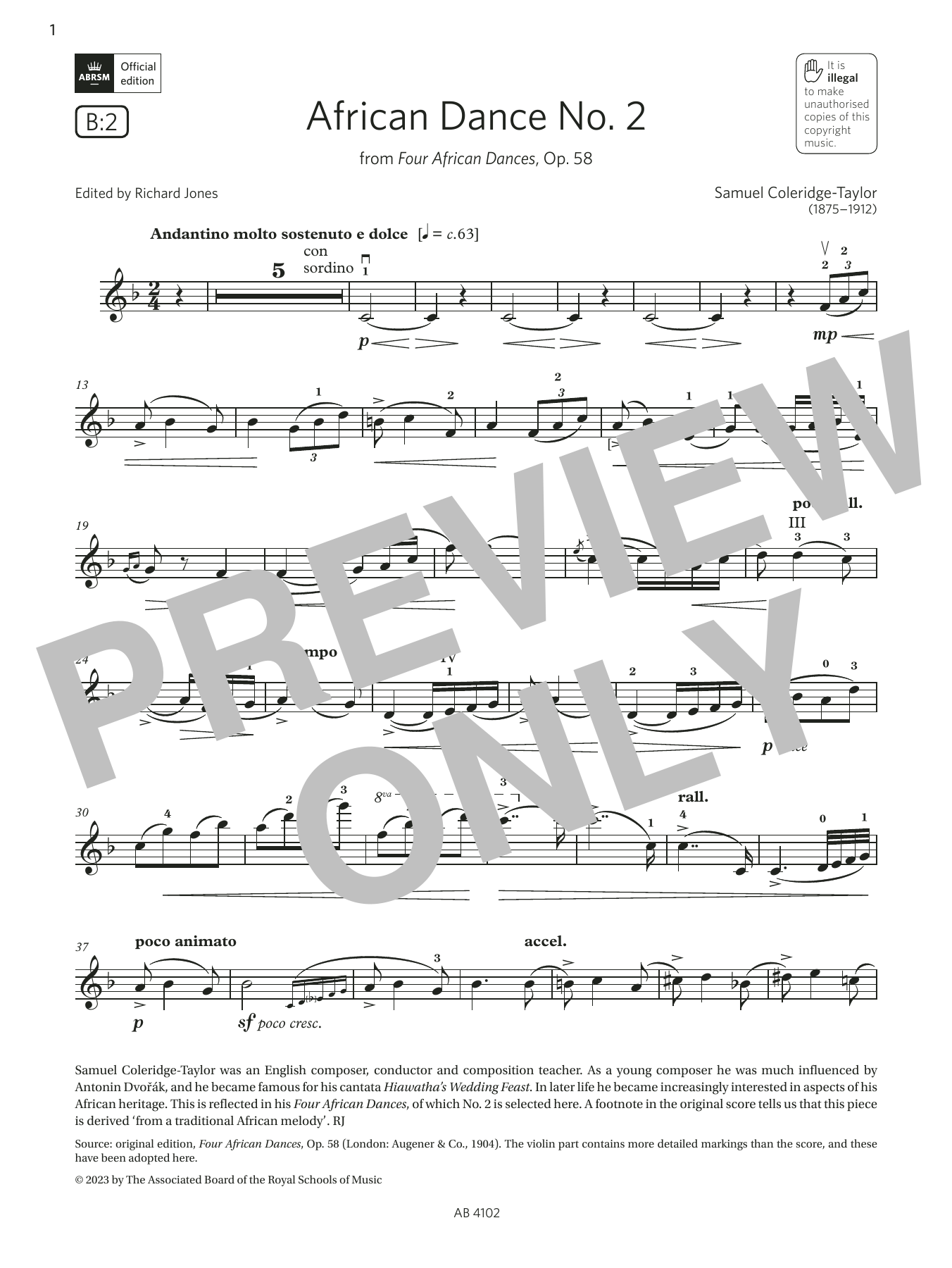 Samuel Coleridge-Taylor African Dance No. 2 (Grade 8, B2, from the ABRSM Violin Syllabus from 2024) sheet music, chords, lyrics - Printable PDF for Violin Solo