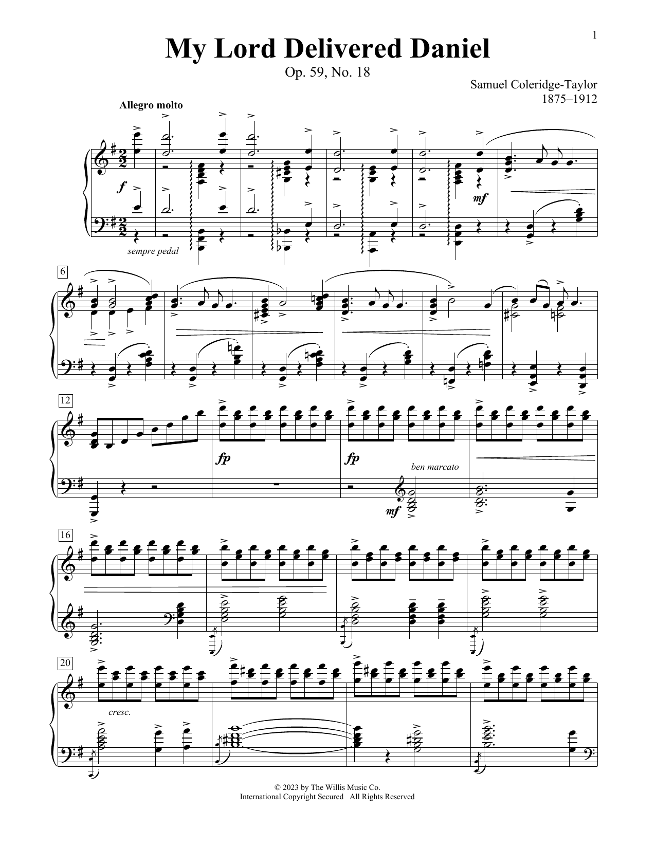 Samuel Coleridge-Taylor My Lord Delivered Daniel, Op. 59, No. 18 sheet music, chords, lyrics - Printable PDF for Educational Piano