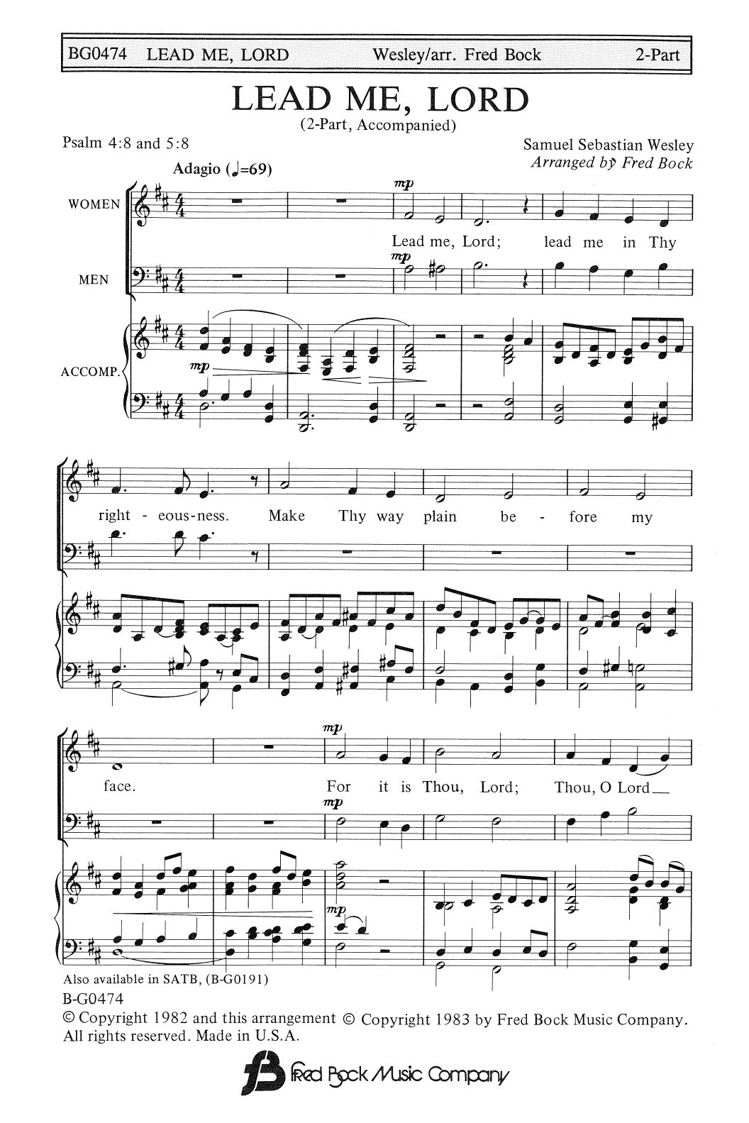 Samuel Sebastian Wesley Lead Me, Lord (arr. Fred Bock) sheet music, chords, lyrics - Printable PDF for 2-Part Choir