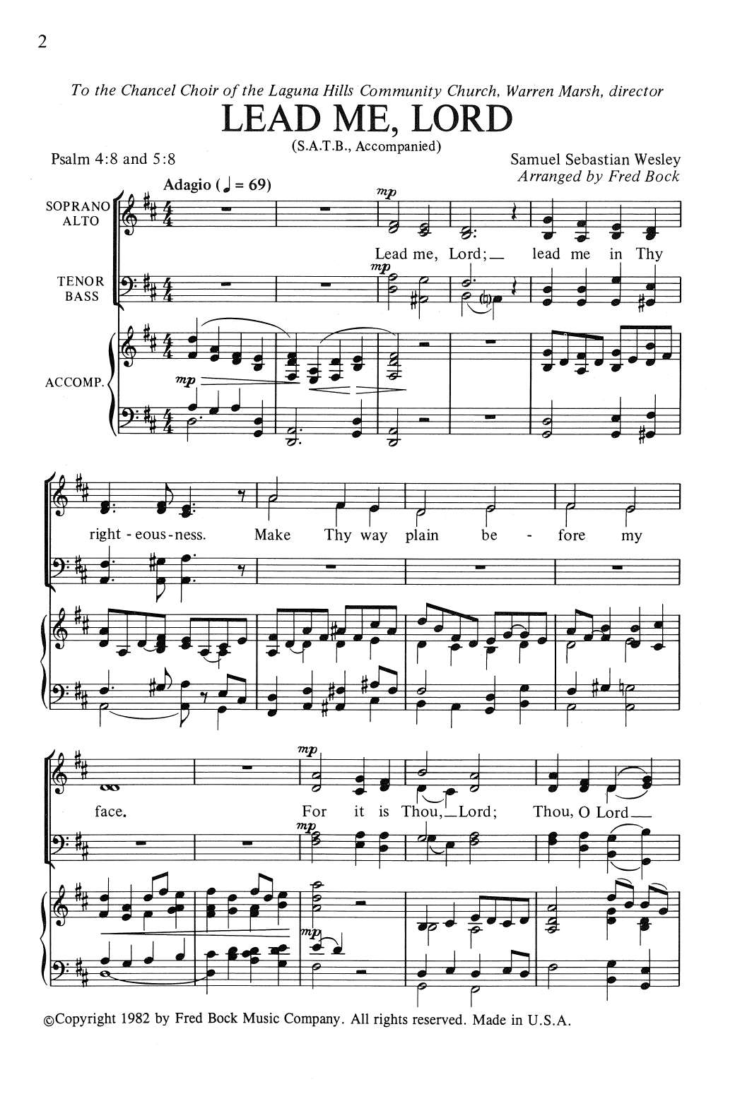 Samuel Wesley Lead Me, Lord (arr. Fred Bock) sheet music, chords, lyrics - Printable PDF for SATB Choir
