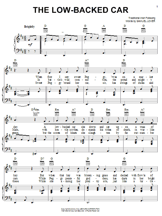 Learn to play Samuel Lover The Low-Backed Car sheet music for Piano, Vocal & Guitar (Right-Hand Melody) in minutes. Samuel Lover The Low-Backed Car sheet music preview music notes and score for Piano, Vocal & Guitar (Right-Hand Melody) including 2 page(s)