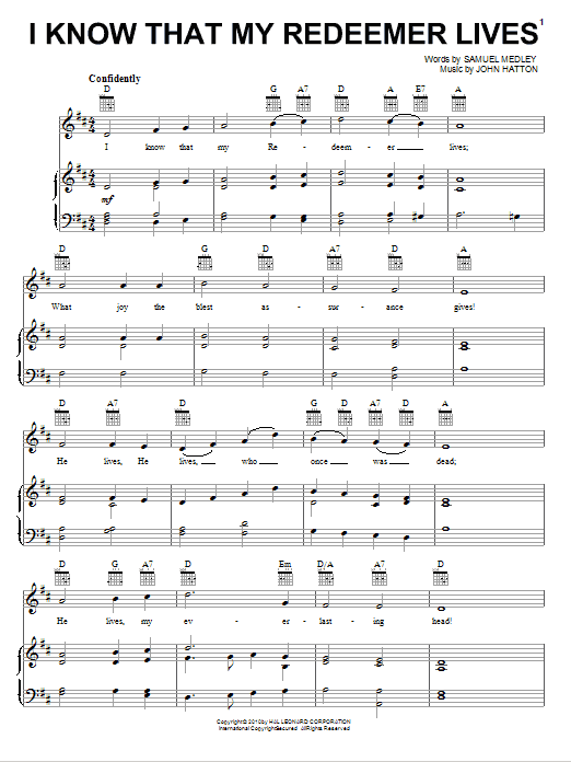 Samuel Medley I Know That My Redeemer Lives sheet music preview music notes and score for Piano, Vocal & Guitar (Right-Hand Melody) including 2 page(s)