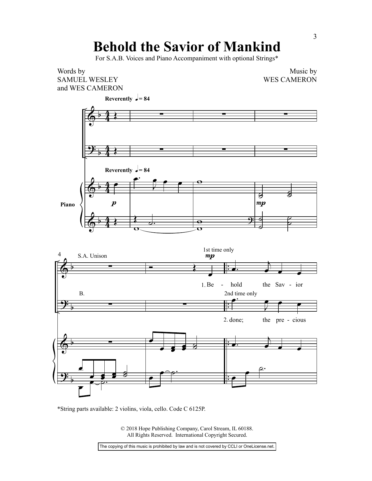 Samuel Wesley Behold the Savior of Mankind sheet music preview music notes and score for Choir including 6 page(s)
