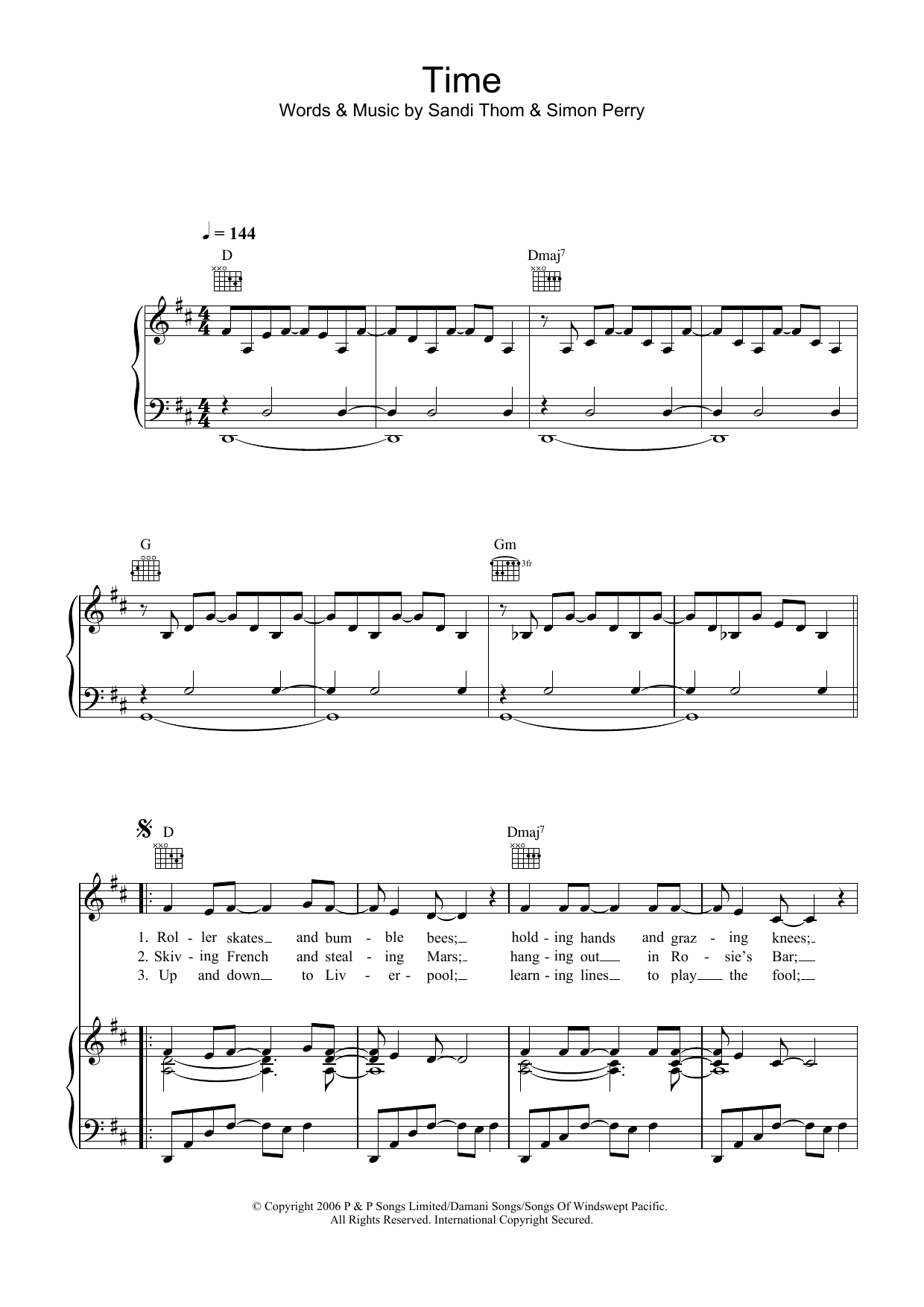 Learn to play Sandi Thom Time sheet music for Piano, Vocal & Guitar (Right-Hand Melody) in minutes. Sandi Thom Time sheet music preview music notes and score for Piano, Vocal & Guitar (Right-Hand Melody) including 4 page(s)
