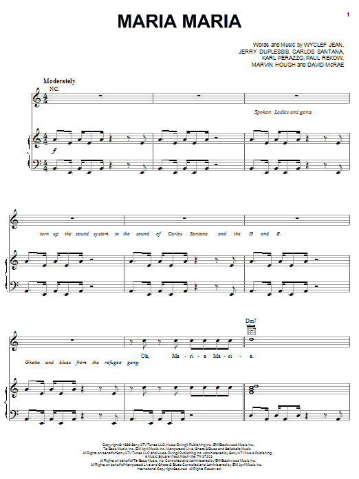Santana Maria Maria (feat. The Product G&B) sheet music, chords, lyrics - Printable PDF for Piano, Vocal & Guitar (Right-Hand Melody)