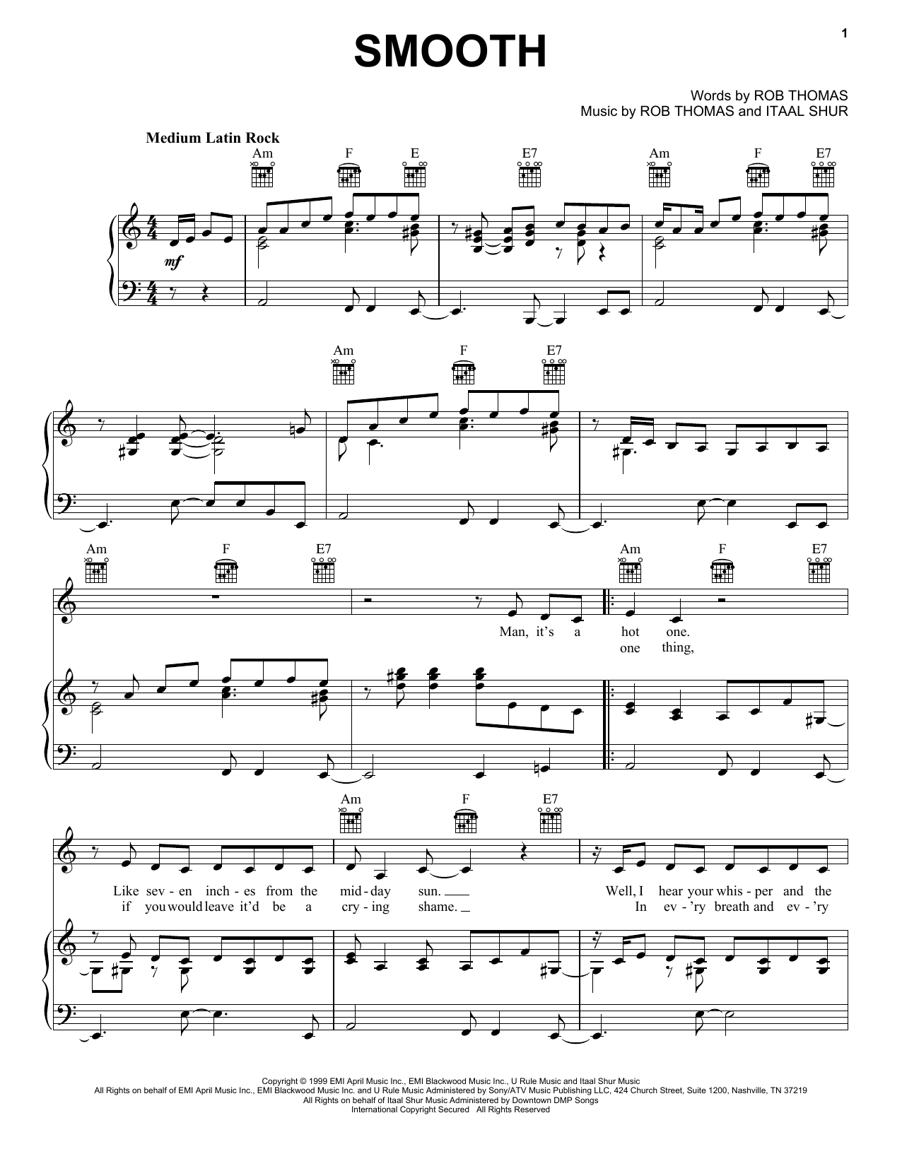 Download Santana Smooth (feat. Rob Thomas) sheet music notes and chords for Piano, Vocal & Guitar (Right-Hand Melody) - Download Printable PDF and start playing in minutes.