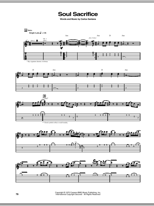 Santana Soul Sacrifice sheet music preview music notes and score for Guitar Tab including 7 page(s)