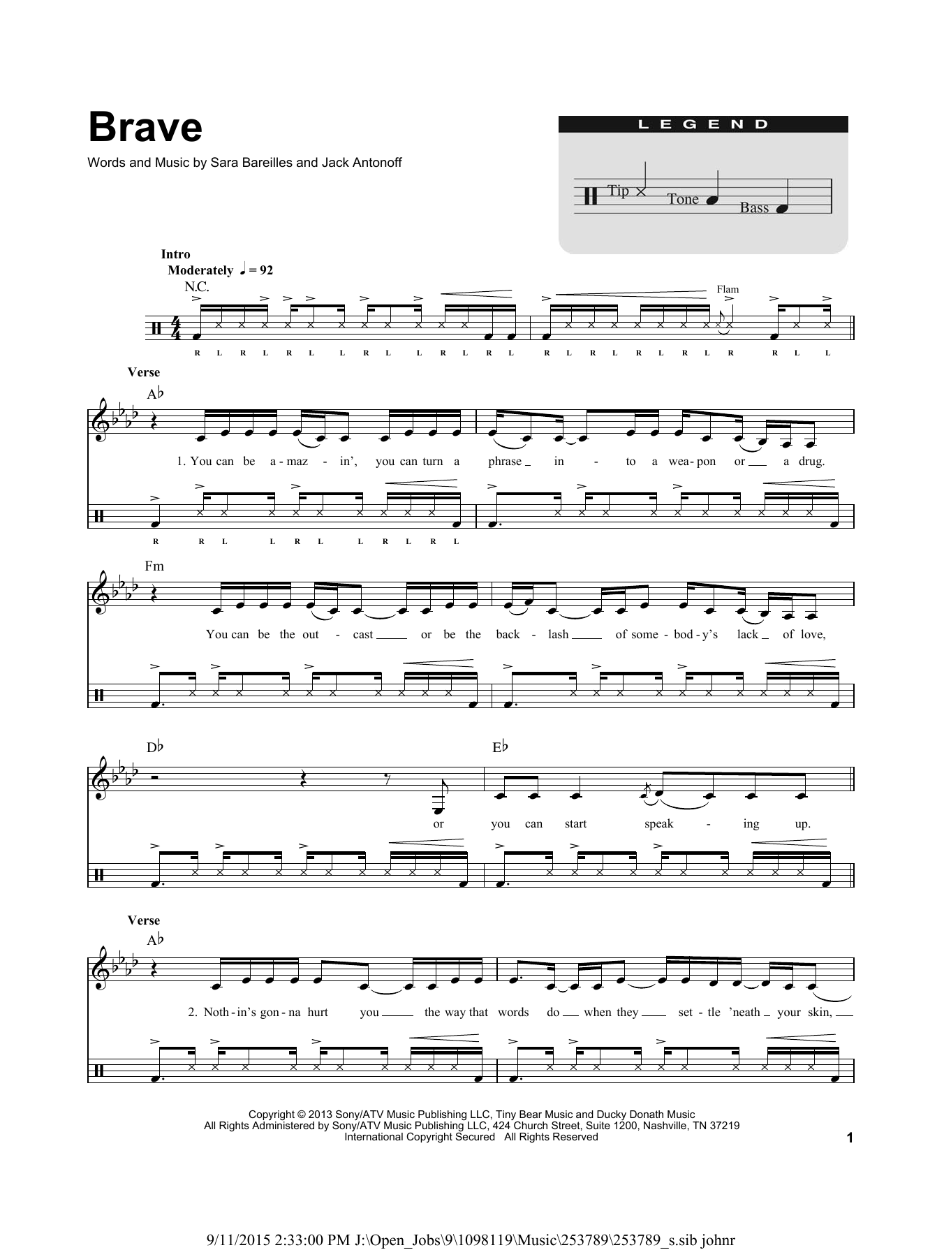 Sara Bareilles Brave sheet music, chords, lyrics - Printable PDF for Drums Transcription