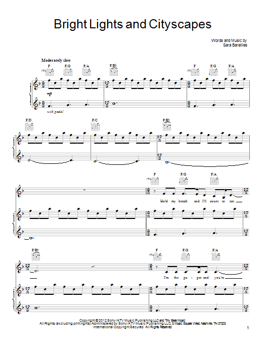 Learn to play Sara Bareilles Bright Lights And Cityscapes sheet music for Piano, Vocal & Guitar (Right-Hand Melody) in minutes. Sara Bareilles Bright Lights And Cityscapes sheet music preview music notes and score for Piano, Vocal & Guitar (Right-Hand Melody) including 11 page(s)