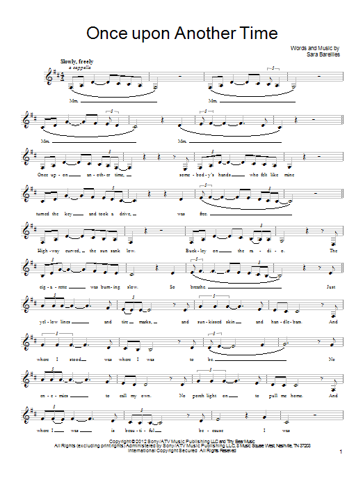 Learn to play Sara Bareilles Once Upon Another Time sheet music for Piano, Vocal & Guitar (Right-Hand Melody) in minutes. Sara Bareilles Once Upon Another Time sheet music preview music notes and score for Piano, Vocal & Guitar (Right-Hand Melody) including 4 page(s)