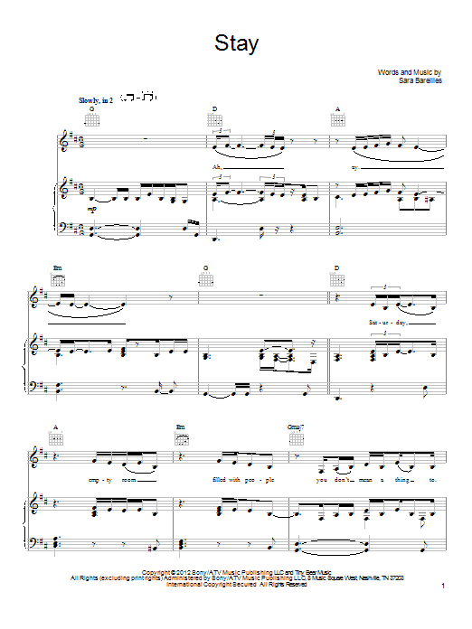 Learn to play Sara Bareilles Stay sheet music for Piano, Vocal & Guitar (Right-Hand Melody) in minutes. Sara Bareilles Stay sheet music preview music notes and score for Piano, Vocal & Guitar (Right-Hand Melody) including 6 page(s)
