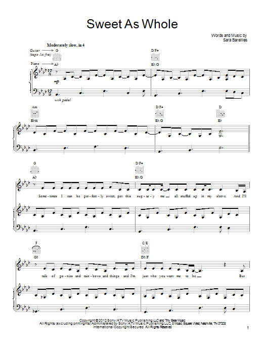 Learn to play Sara Bareilles Sweet As Whole sheet music for Piano, Vocal & Guitar (Right-Hand Melody) in minutes. Sara Bareilles Sweet As Whole sheet music preview music notes and score for Piano, Vocal & Guitar (Right-Hand Melody) including 9 page(s)