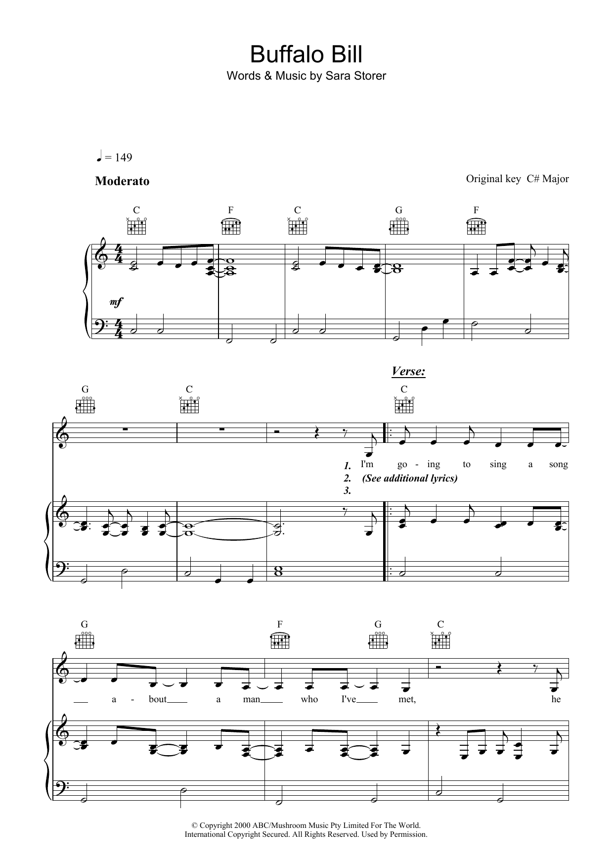 Learn to play Sara Storer Buffalo Bill sheet music for Piano, Vocal & Guitar (Right-Hand Melody) in minutes. Sara Storer Buffalo Bill sheet music preview music notes and score for Piano, Vocal & Guitar (Right-Hand Melody) including 6 page(s)