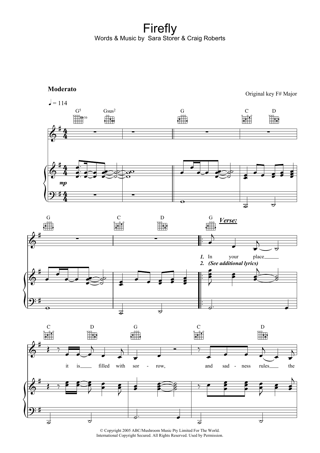 Learn to play Sara Storer Firefly sheet music for Piano, Vocal & Guitar (Right-Hand Melody) in minutes. Sara Storer Firefly sheet music preview music notes and score for Piano, Vocal & Guitar (Right-Hand Melody) including 6 page(s)