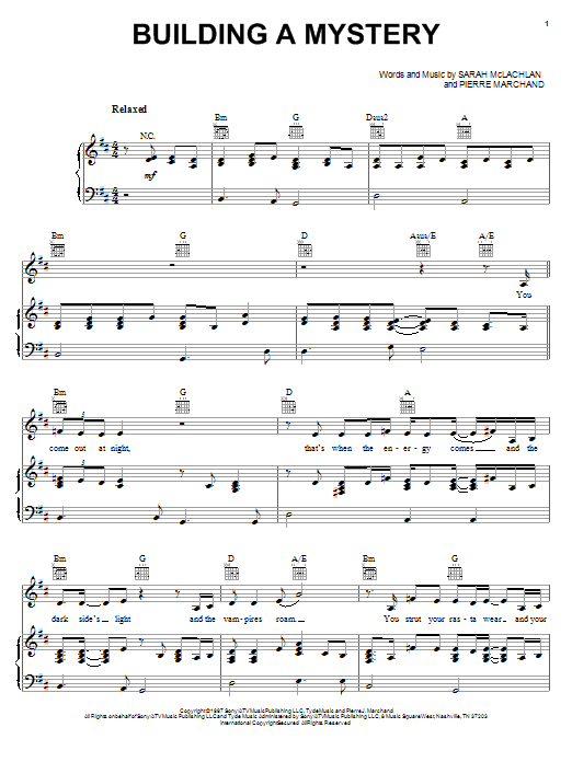 Download Sarah McLachlan Building A Mystery sheet music notes and chords for Piano, Vocal & Guitar (Right-Hand Melody) - Download Printable PDF and start playing in minutes.