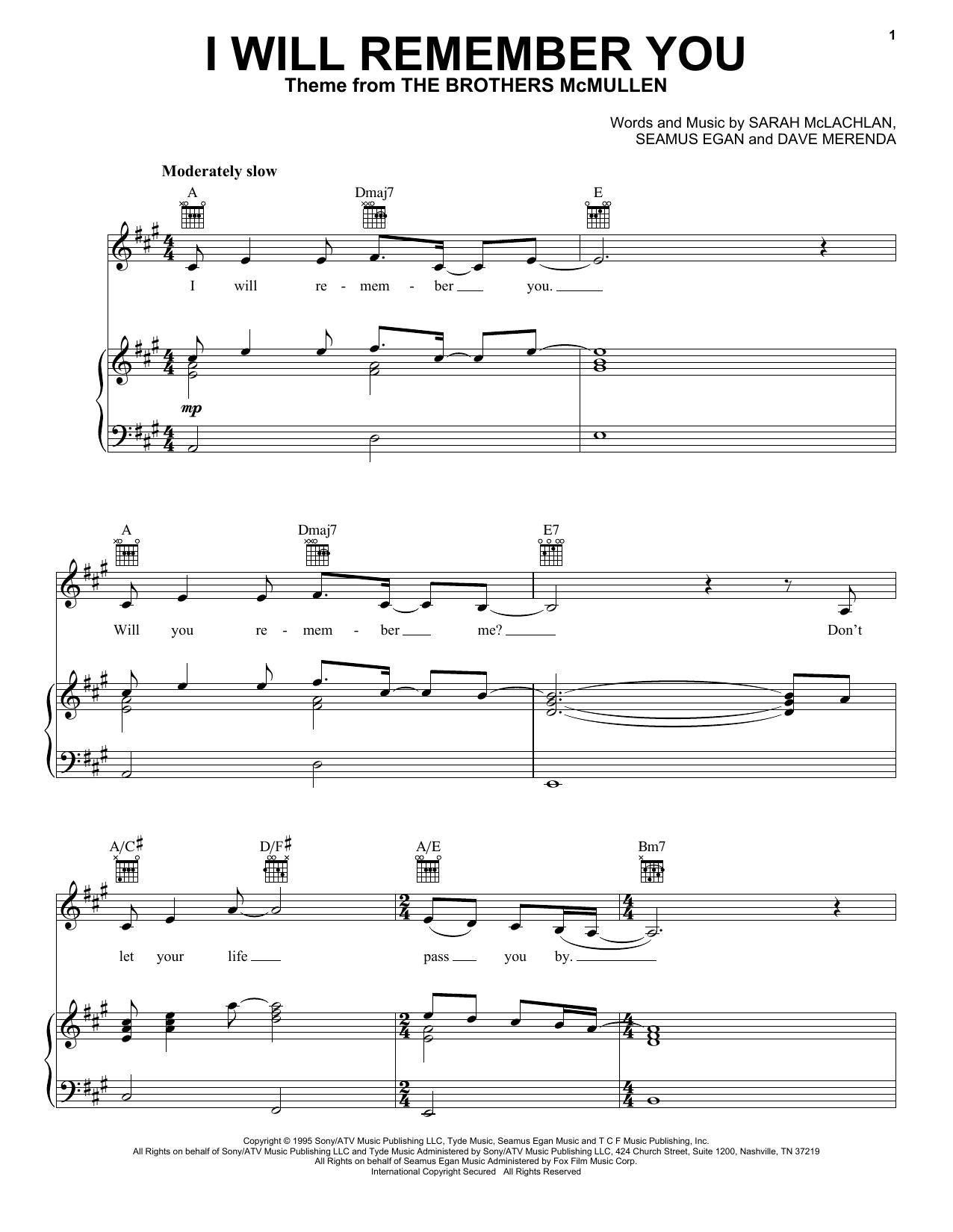 Download Sarah McLachlan I Will Remember You sheet music notes and chords for Piano, Vocal & Guitar (Right-Hand Melody) - Download Printable PDF and start playing in minutes.