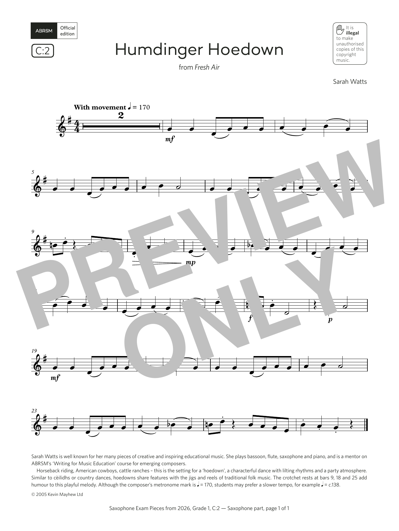 Sarah Watts Humdinger Hoedown (Grade 1, list C2, from the ABRSM Saxophone Syllabus from 2026) sheet music, chords, lyrics - Printable PDF for Alto Sax Solo