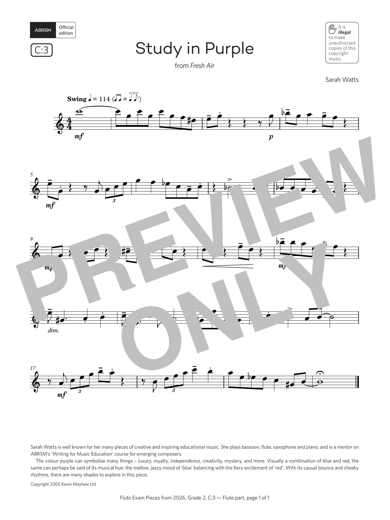 Sarah Watts Study in Purple (Grade 2, list C3, from the ABRSM Flute Syllabus from 2026) sheet music, chords, lyrics - Printable PDF for Flute Solo