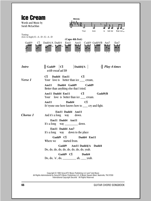 Learn to play Sarah McLachlan Ice Cream sheet music for Piano, Vocal & Guitar (Right-Hand Melody) in minutes. Sarah McLachlan Ice Cream sheet music preview music notes and score for Piano, Vocal & Guitar (Right-Hand Melody) including 5 page(s)