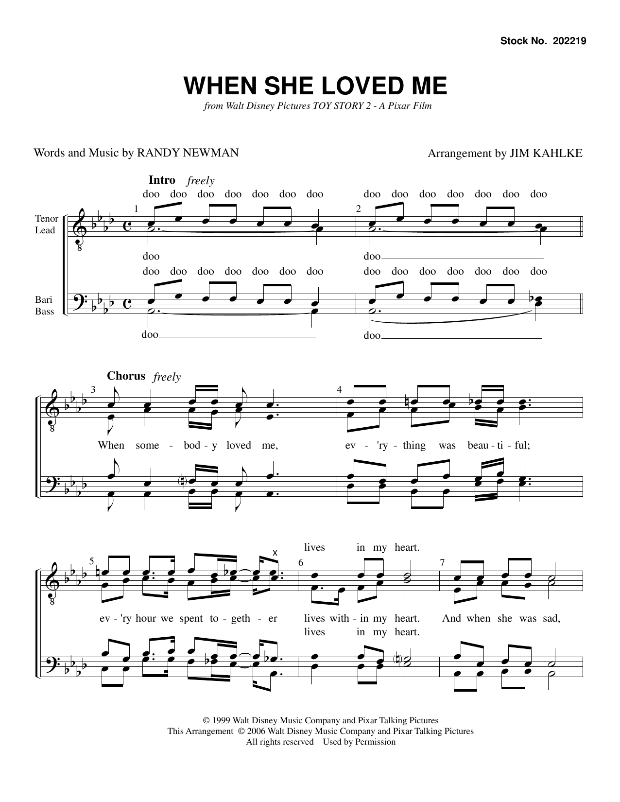 Learn to play Sarah McLachlan When She Loved Me (from Toy Story 2) (arr. Jim Kahlke) sheet music for TTBB Choir in minutes. Sarah McLachlan When She Loved Me (from Toy Story 2) (arr. Jim Kahlke) sheet music preview music notes and score for TTBB Choir including 5 page(s)