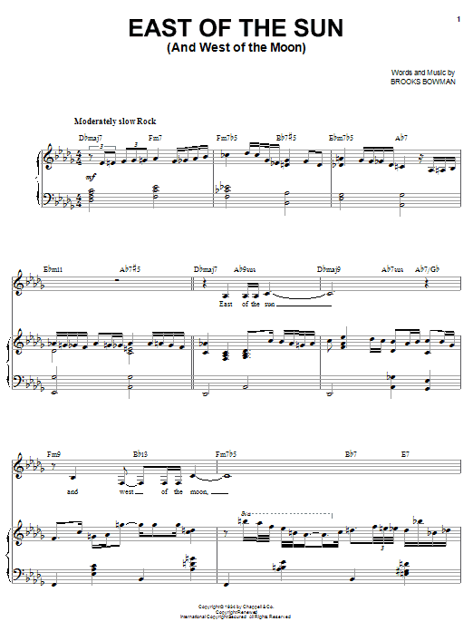 Learn to play Sarah Vaughan East Of The Sun (And West Of The Moon) sheet music for Piano, Vocal & Guitar (Right-Hand Melody) in minutes. Sarah Vaughan East Of The Sun (And West Of The Moon) sheet music preview music notes and score for Piano, Vocal & Guitar (Right-Hand Melody) including 5 page(s)