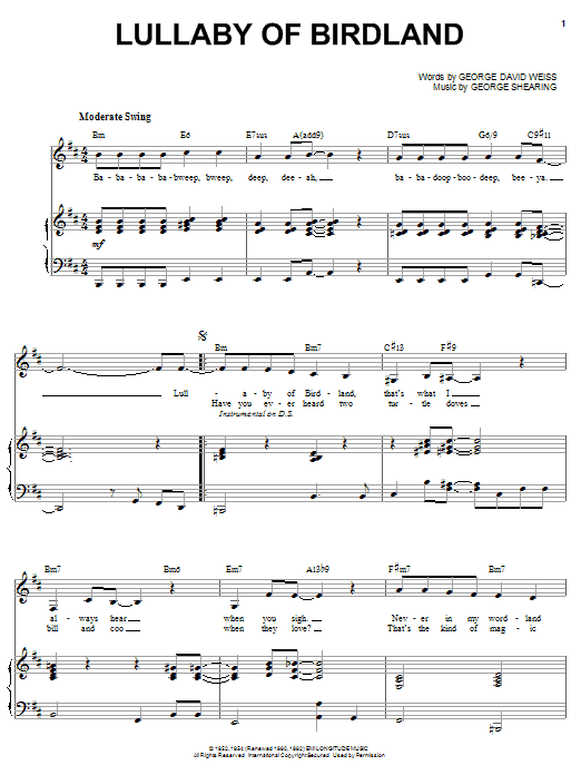 Learn to play Sarah Vaughan Lullaby Of Birdland sheet music for Piano, Vocal & Guitar (Right-Hand Melody) in minutes. Sarah Vaughan Lullaby Of Birdland sheet music preview music notes and score for Piano, Vocal & Guitar (Right-Hand Melody) including 5 page(s)