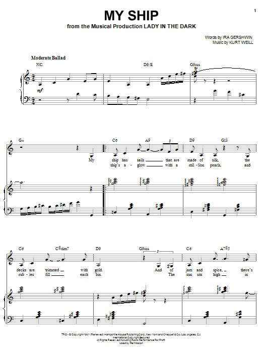 Learn to play Sarah Vaughan My Ship sheet music for Piano, Vocal & Guitar (Right-Hand Melody) in minutes. Sarah Vaughan My Ship sheet music preview music notes and score for Piano, Vocal & Guitar (Right-Hand Melody) including 4 page(s)
